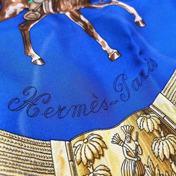 Vintage Hermes Pampa Scarf by Jean De Fougerolle Navy/Royal Blue Gold - Picture 10 of 10